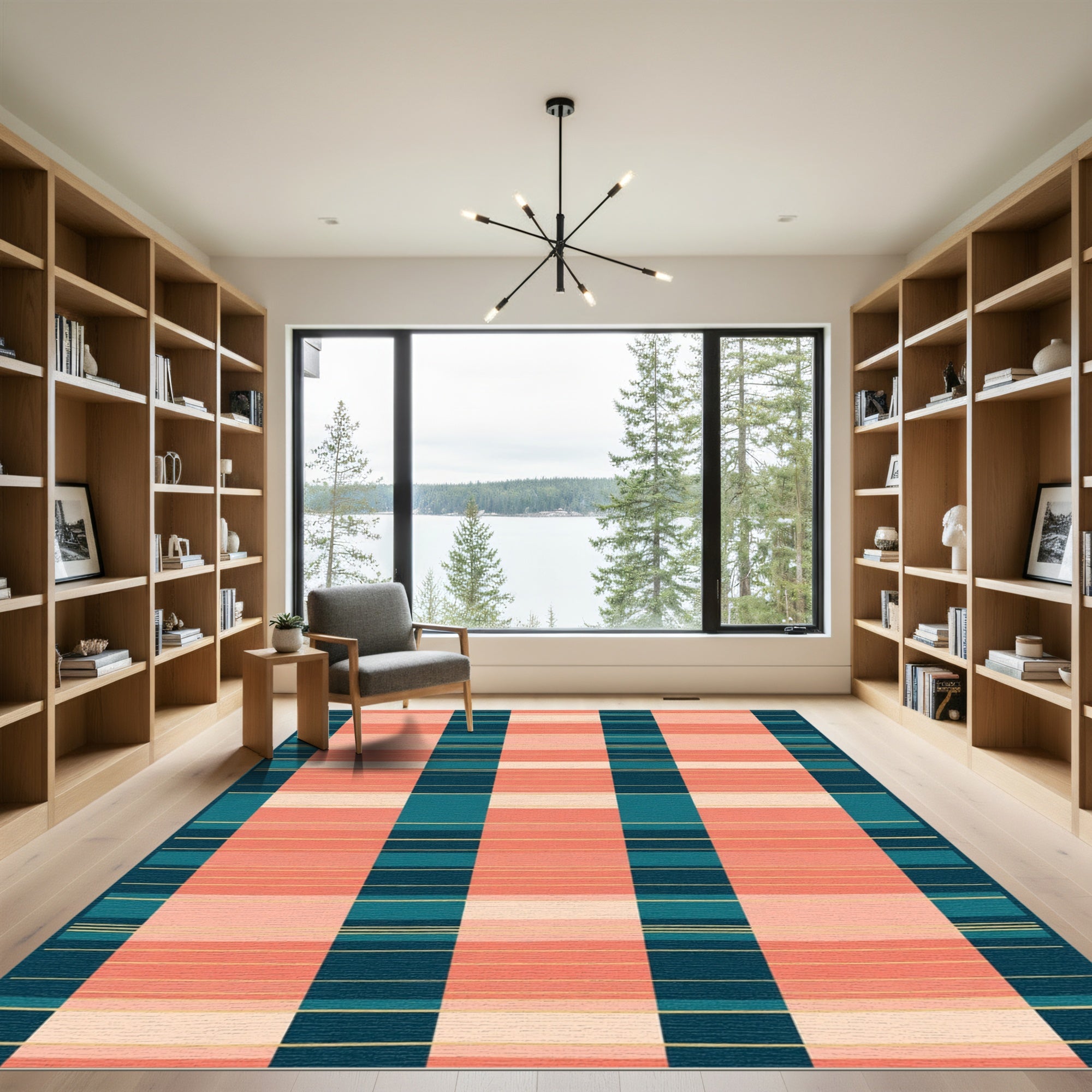Coral Teal Gold Stripe Arrangement Rug