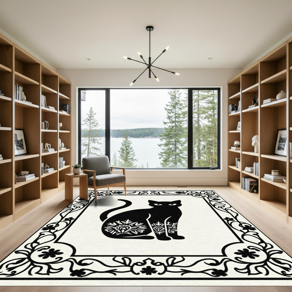 Mysterious Black Cat Ornamental Border Rug