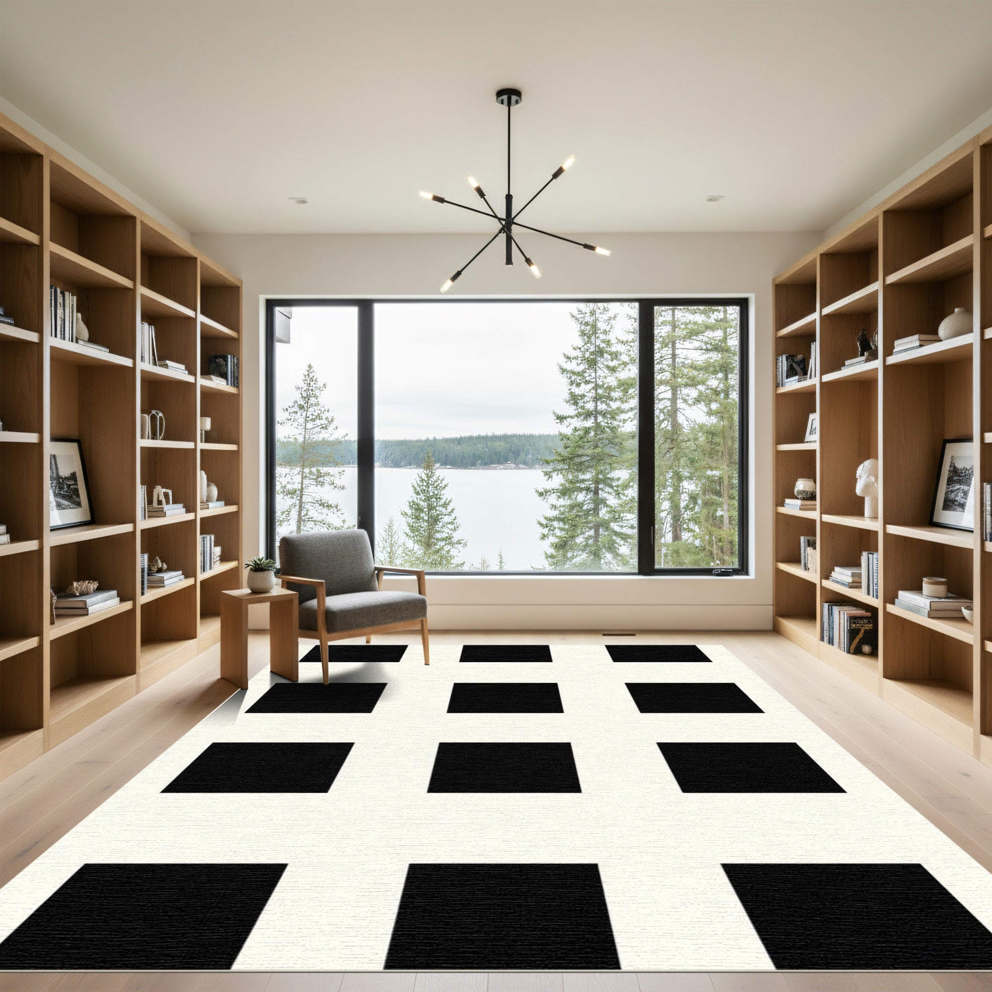 Bold Black White Grid Squares Rug