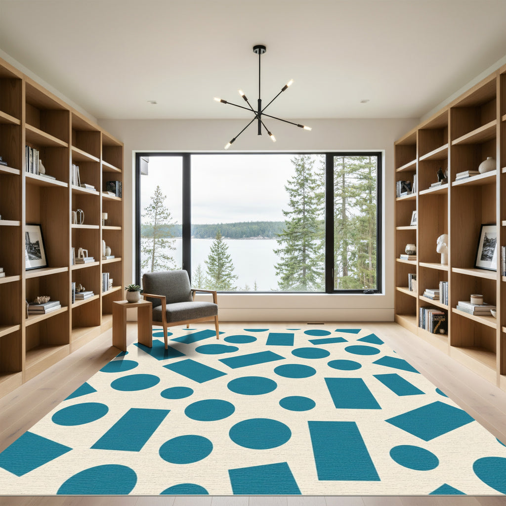 Teal Circles Rectangles Textured Background Rug