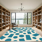 Teal Circles Rectangles Textured Background Rug