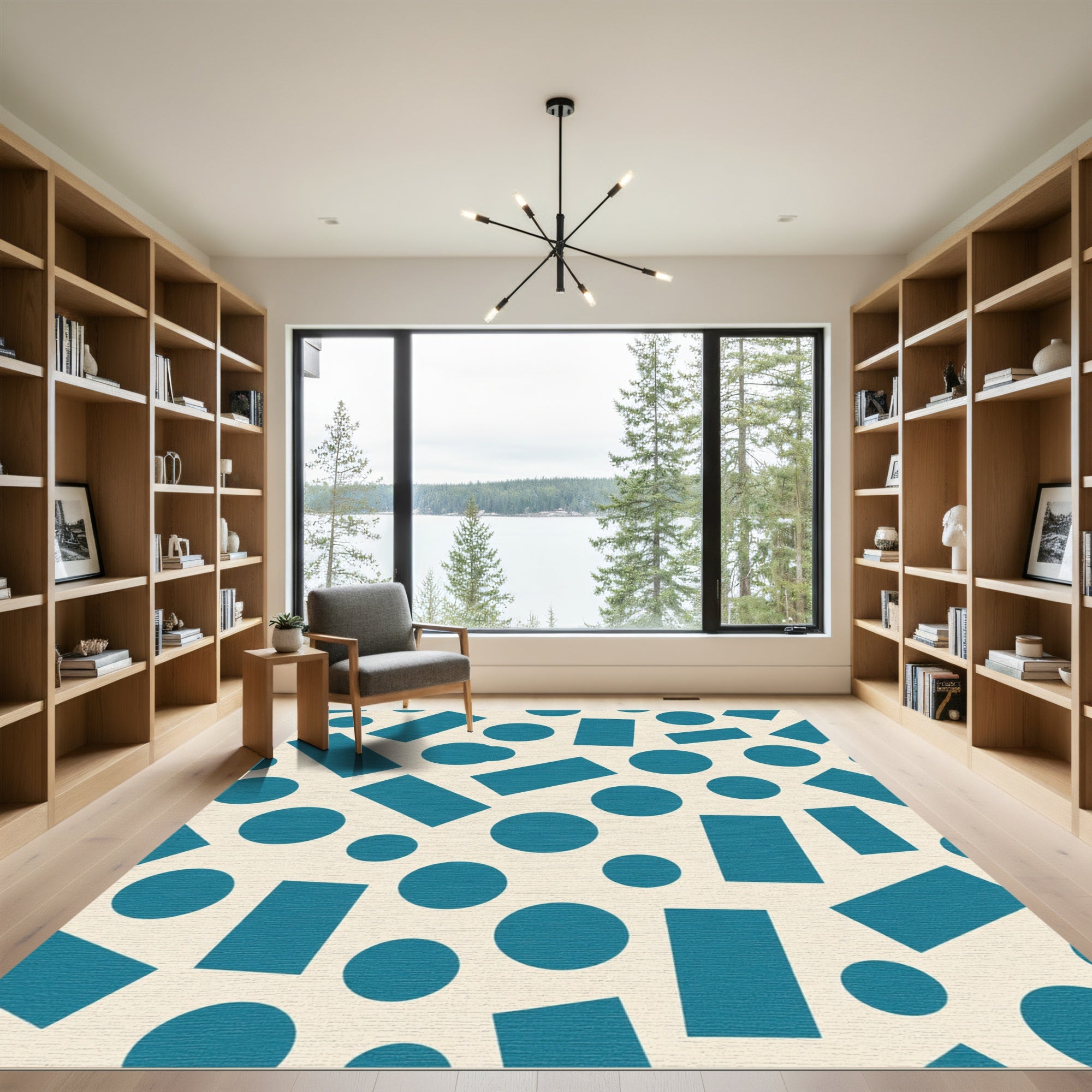 Teal Circles Rectangles Textured Background Rug
