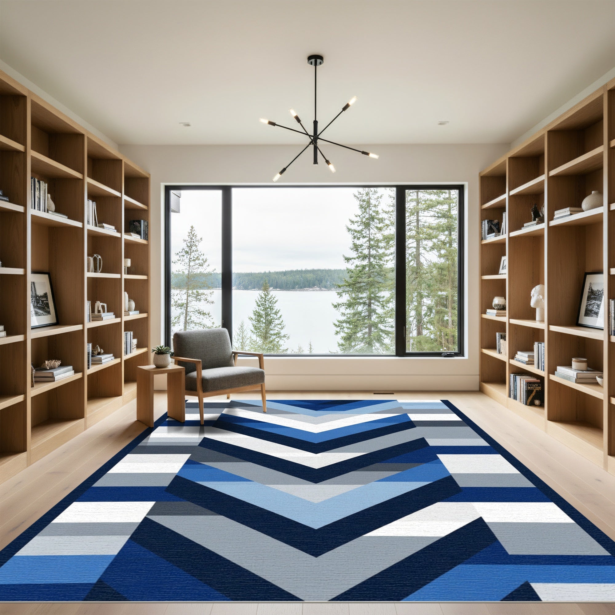 Modern Blue Chevron Gradient Rug