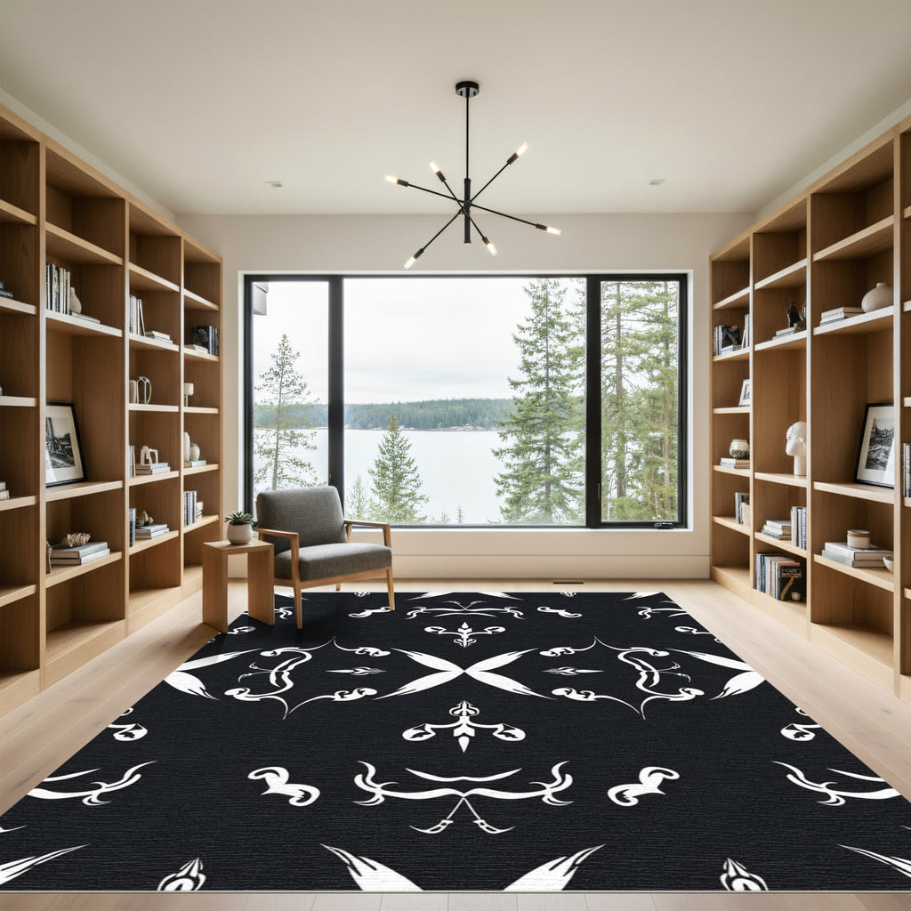 Black White Damask Ornamental Arabesque Rug