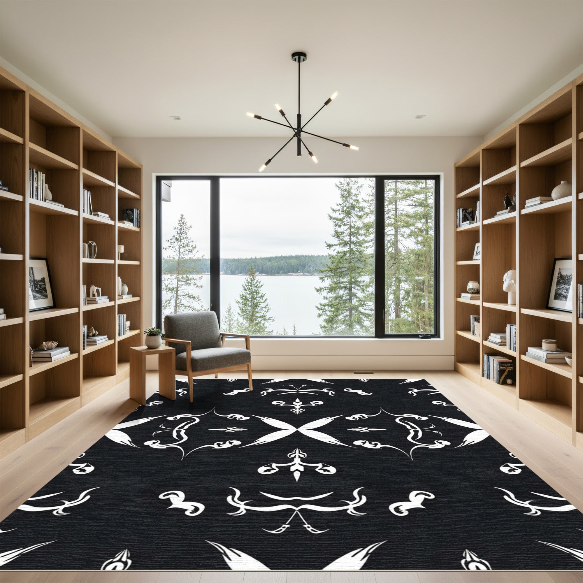 Black White Damask Ornamental Arabesque Rug
