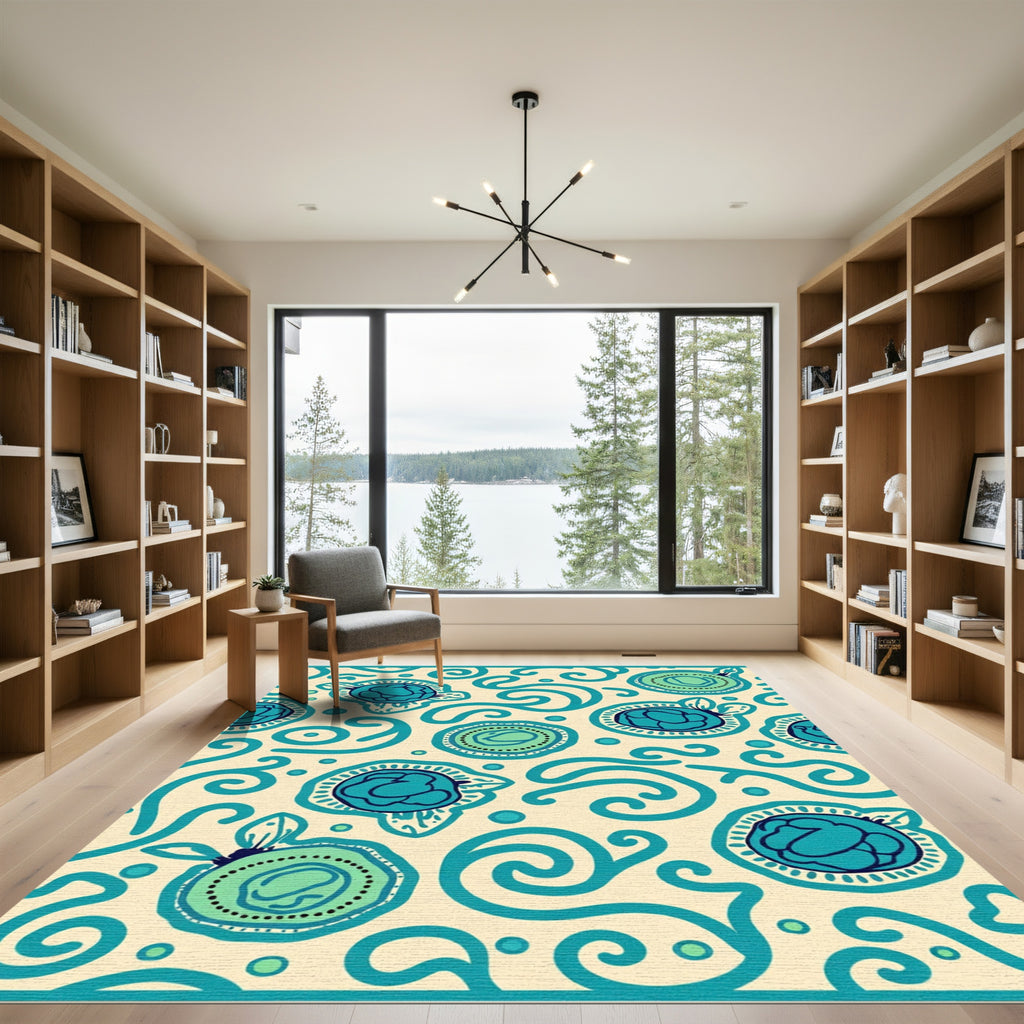 Teal Blue Floral Swirl Cream Rug