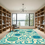 Teal Blue Floral Swirl Cream Rug