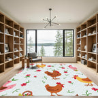Playful Chickens Red Flowers Garden Background Rug