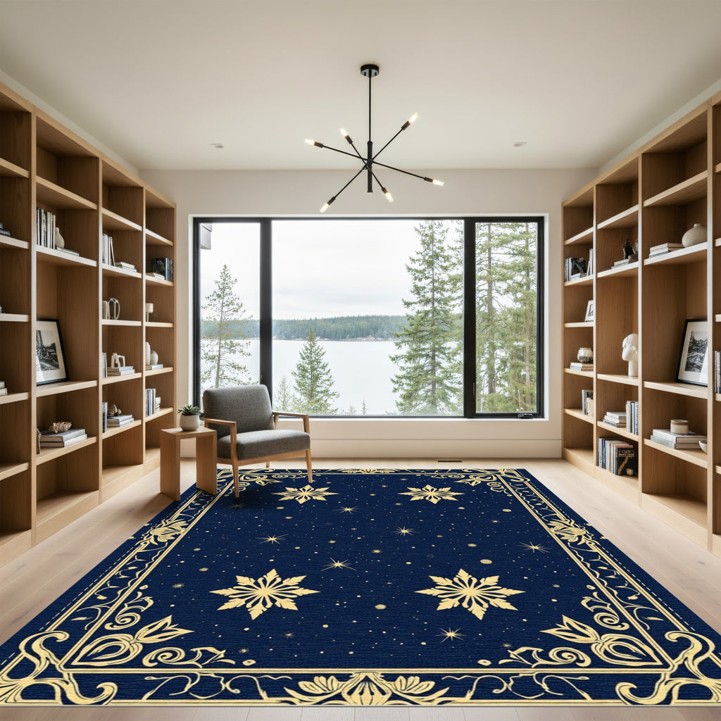 Midnight Blue Gold Starburst Medallions Rug