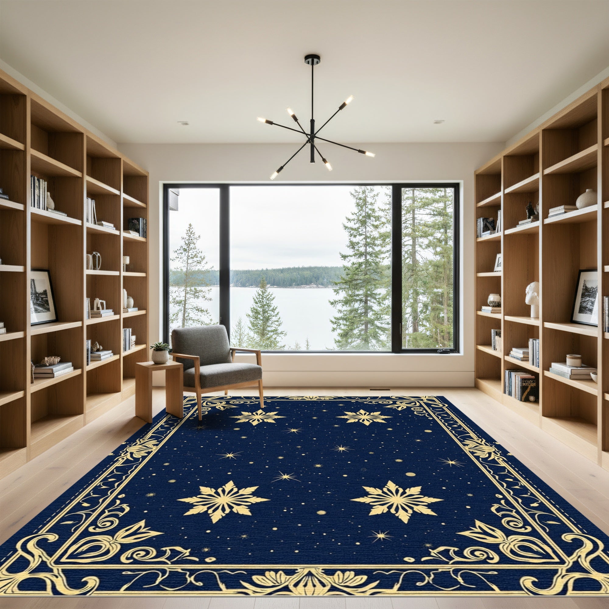 Midnight Blue Gold Starburst Medallions Rug