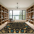 Golden Black Floral Medallion Aqua Accents Rug