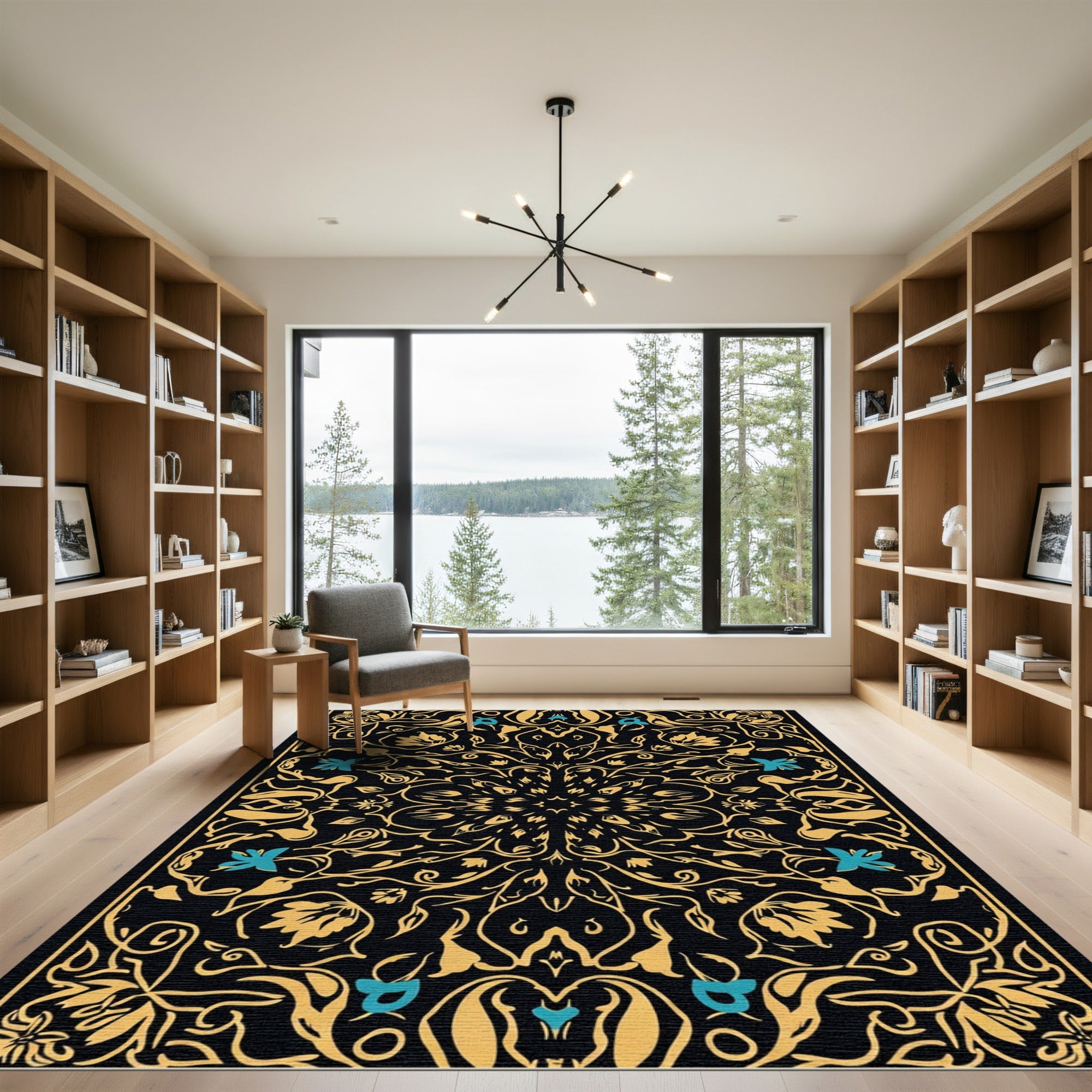 Golden Black Floral Medallion Aqua Accents Rug