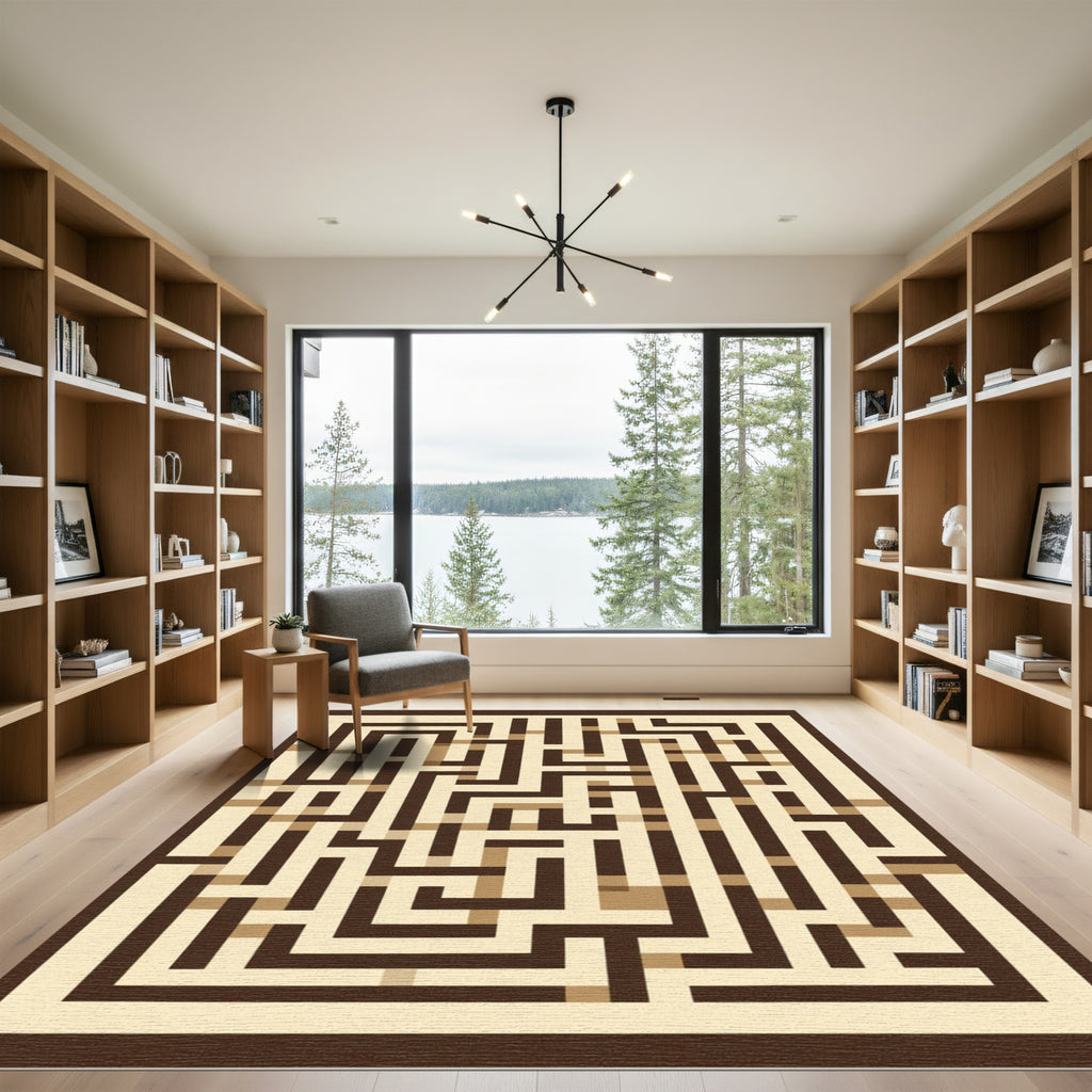 Brown Beige Geometric Maze Rug