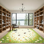 Whimsical Bee Garden Floral Scene Rug