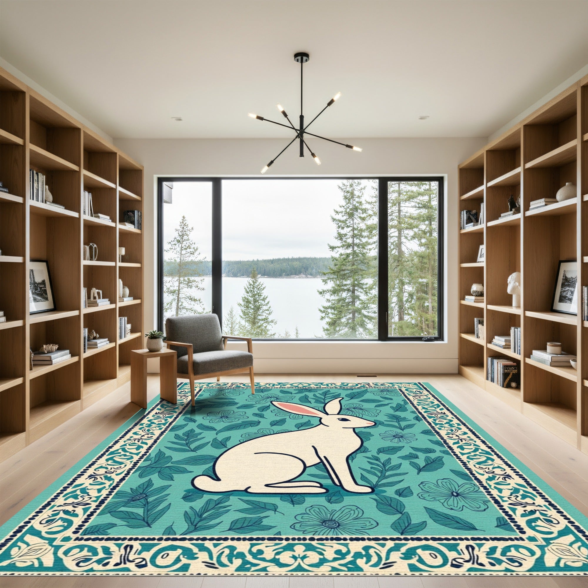 Aqua Floral Bunny Meadow Borders Rug
