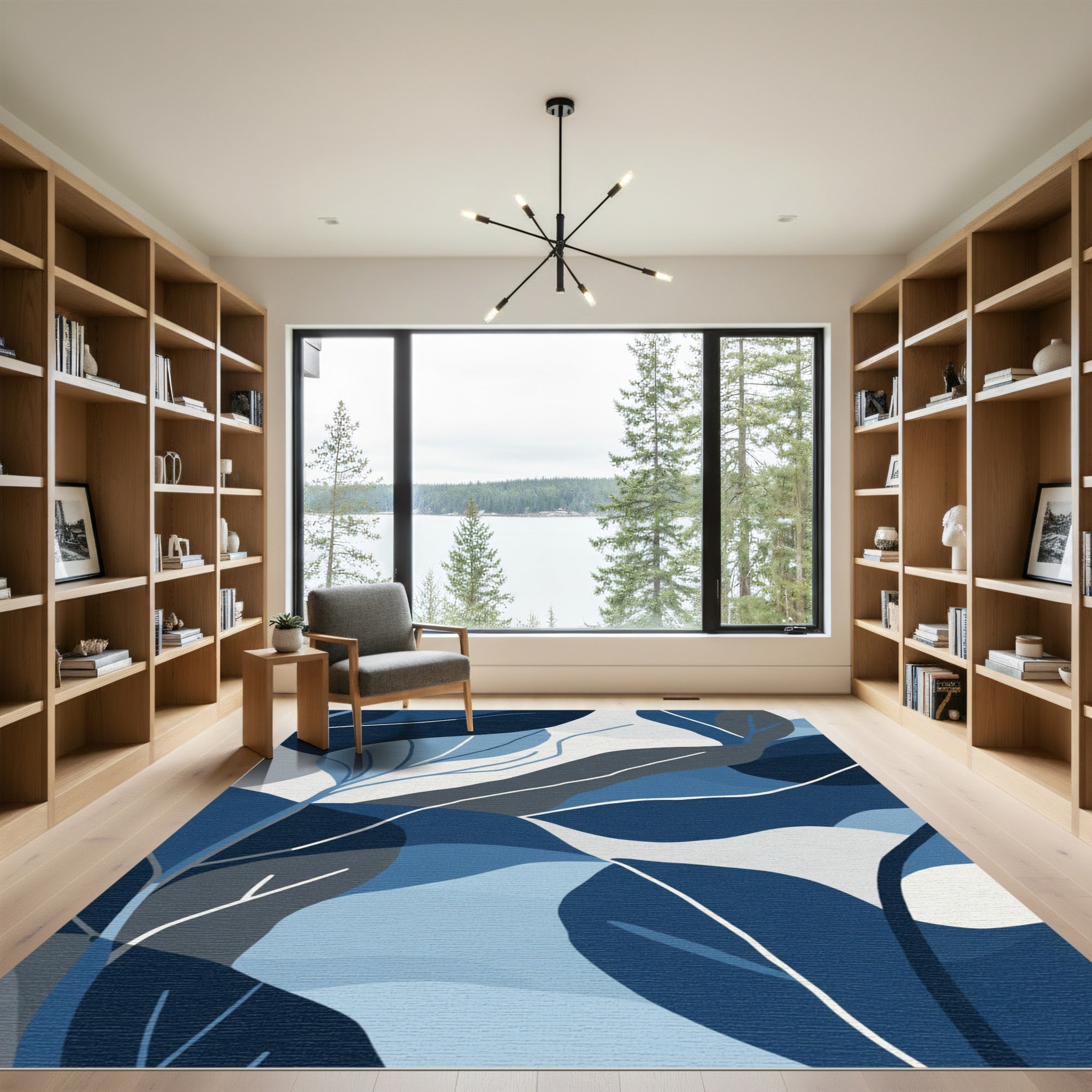 Deep Blue Abstract Leafy Landscape Rug