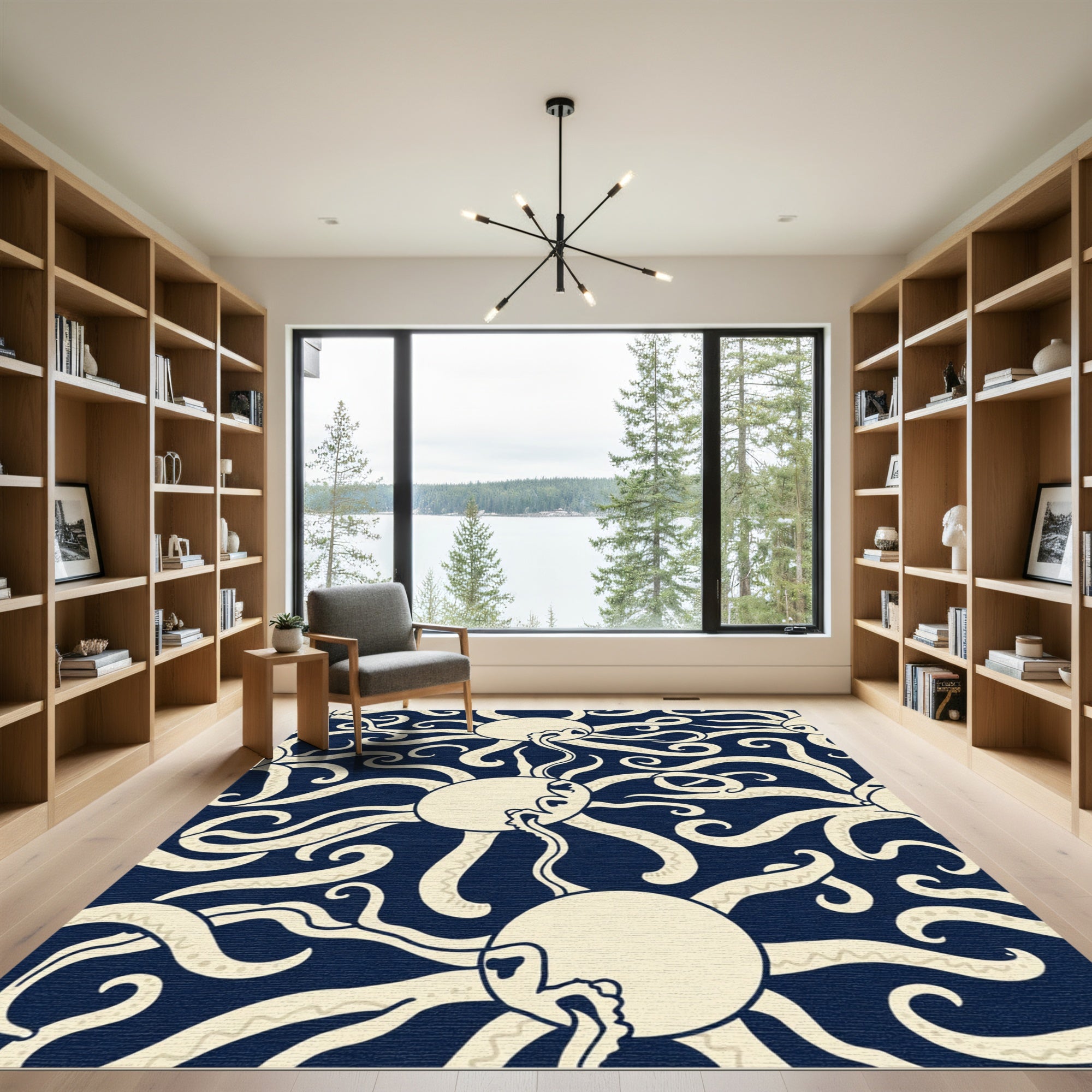 Cream Octopus Swirl Deep Blue Rug
