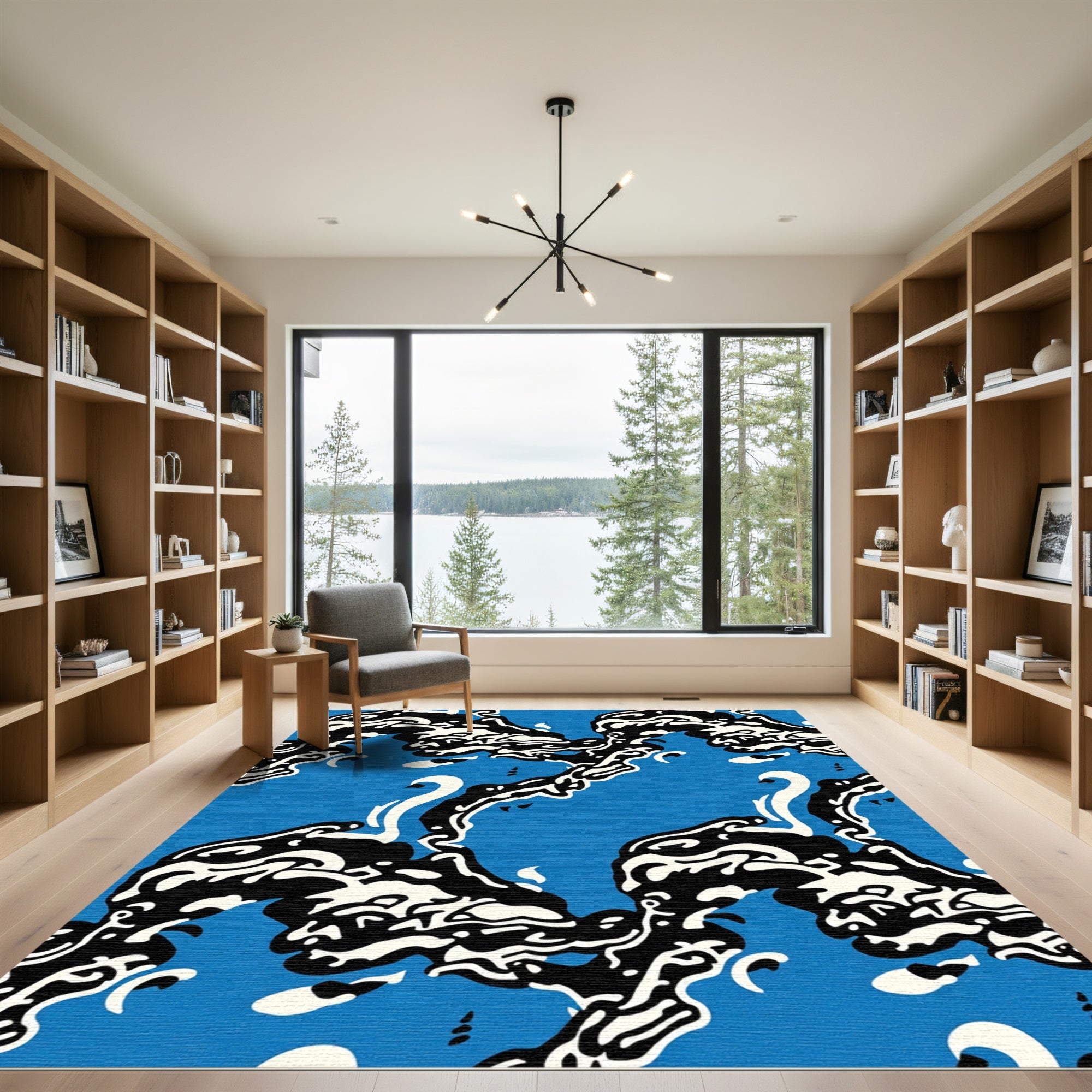 Abstract Blue Black White Swan Shapes Rug