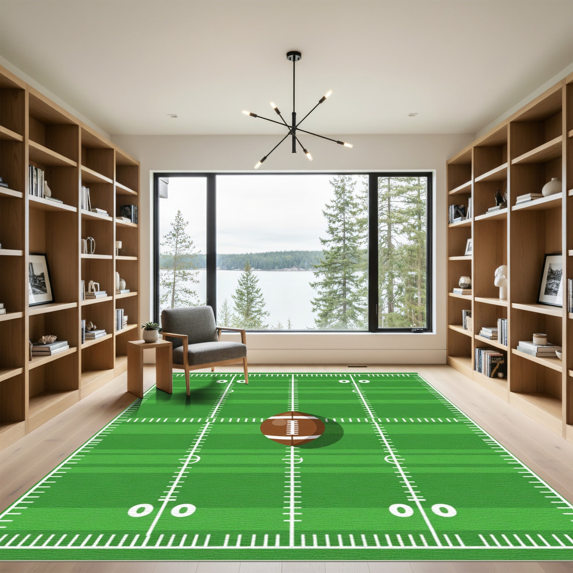 Green Football Field Lines Ball Rug