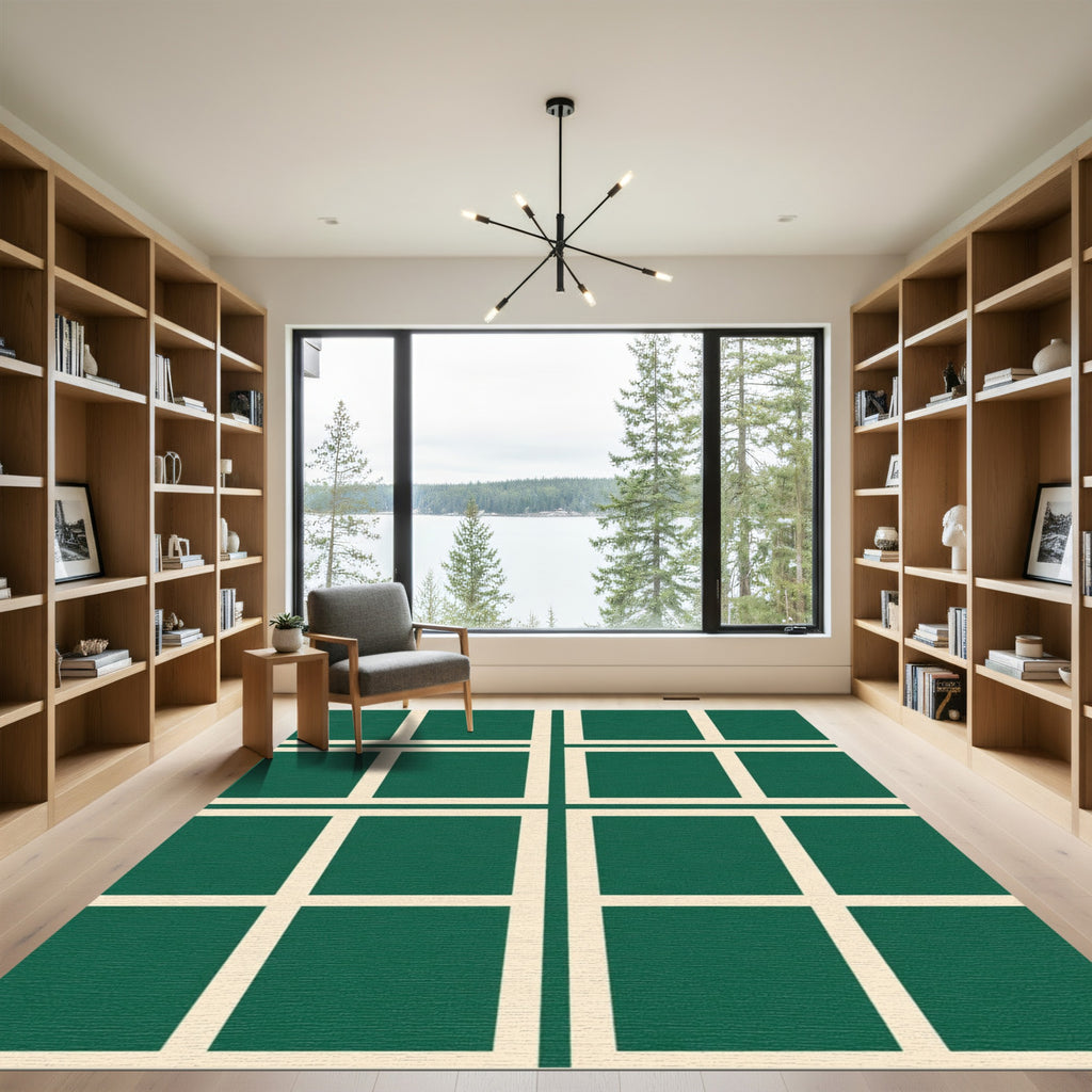 Deep Emerald White Grid Squares Rug