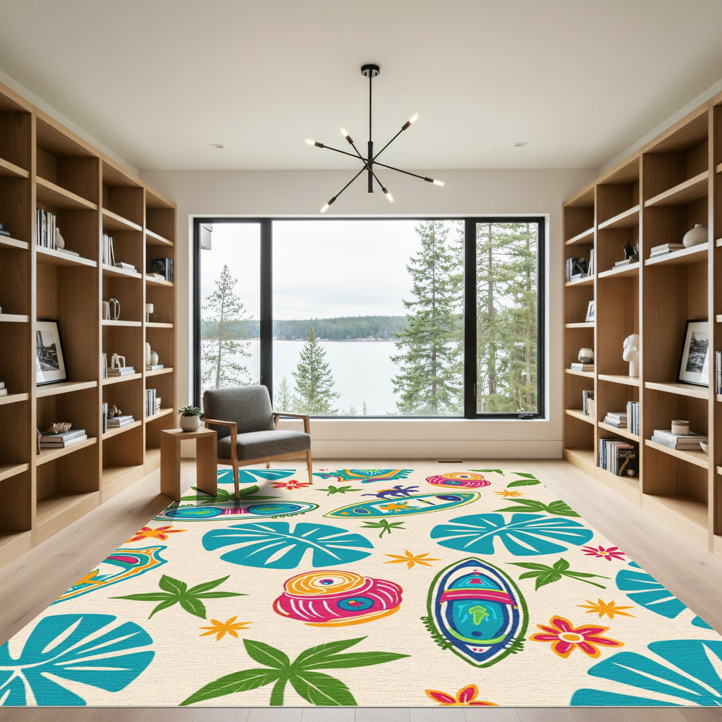 Retro Tropical Surfboard And Shell Rug