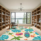 Retro Tropical Surfboard And Shell Rug