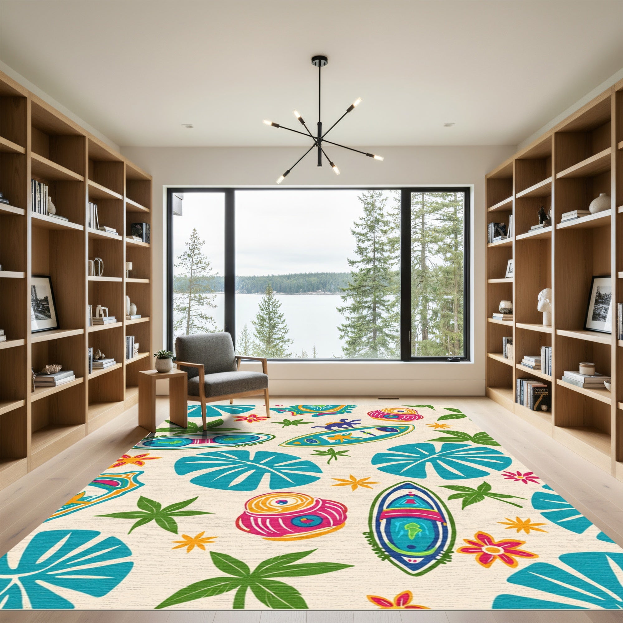 Retro Tropical Surfboard And Shell Rug