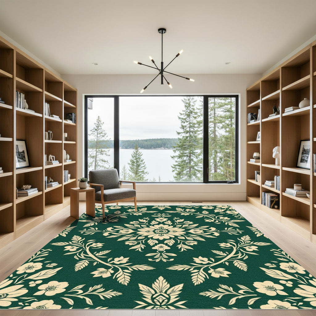 Elegant Cream Floral Damask Emerald Rug