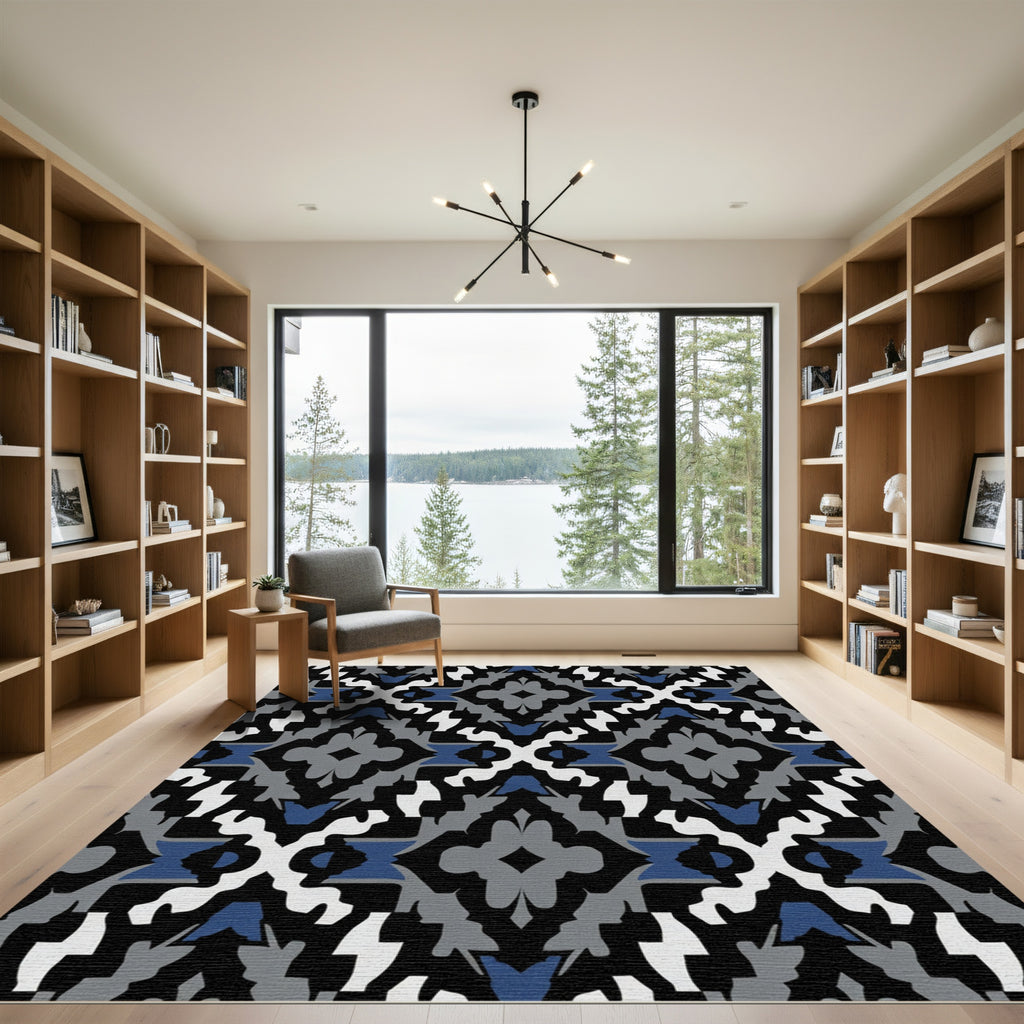 Modern Geometric Diamond Blue White Rug