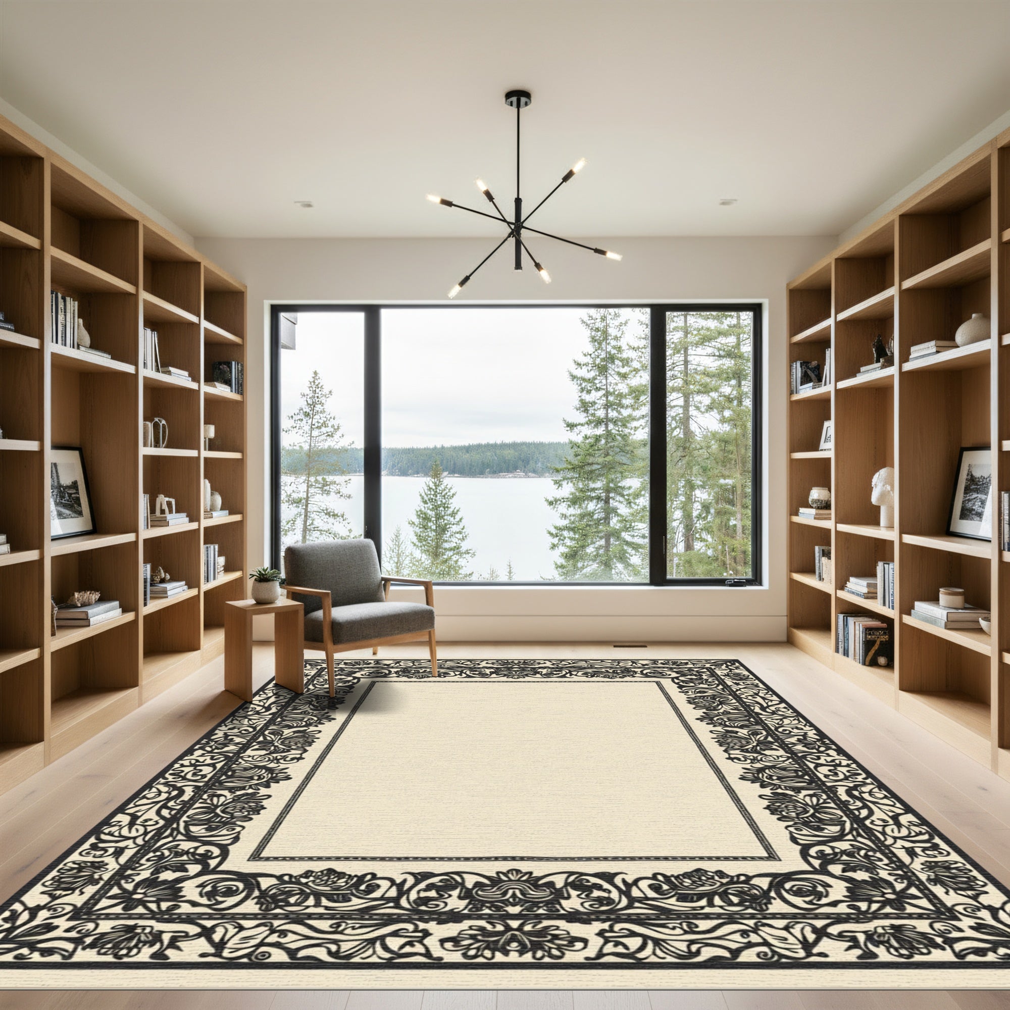 Black Baroque Floral Scroll Border Rug
