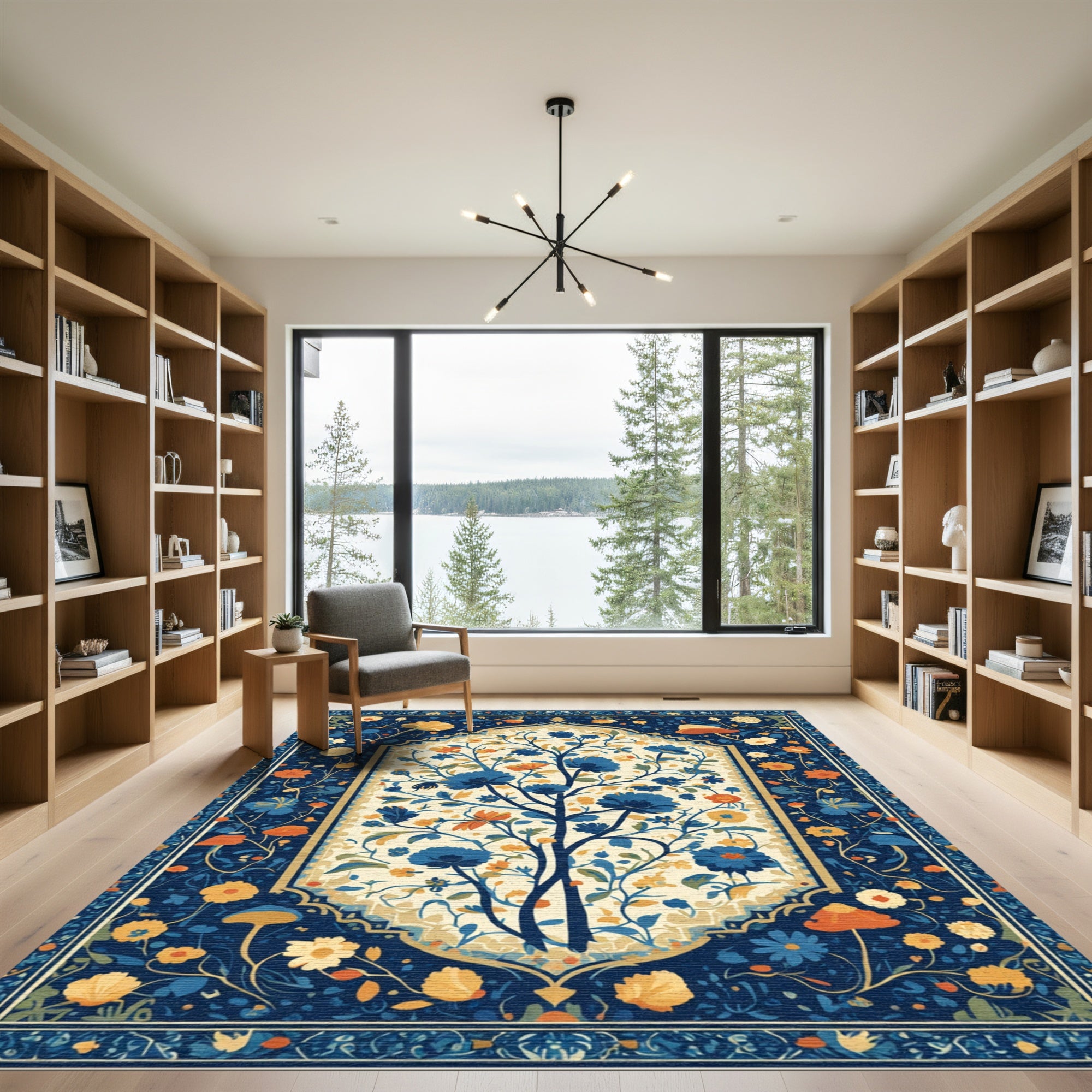 Navy Blue Floral Tree Scroll Rug