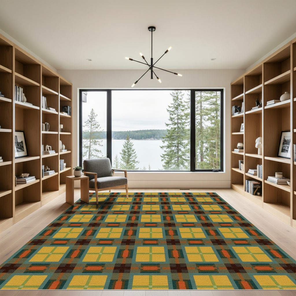 Rustic Yellow Teal Plaid Squares Rug