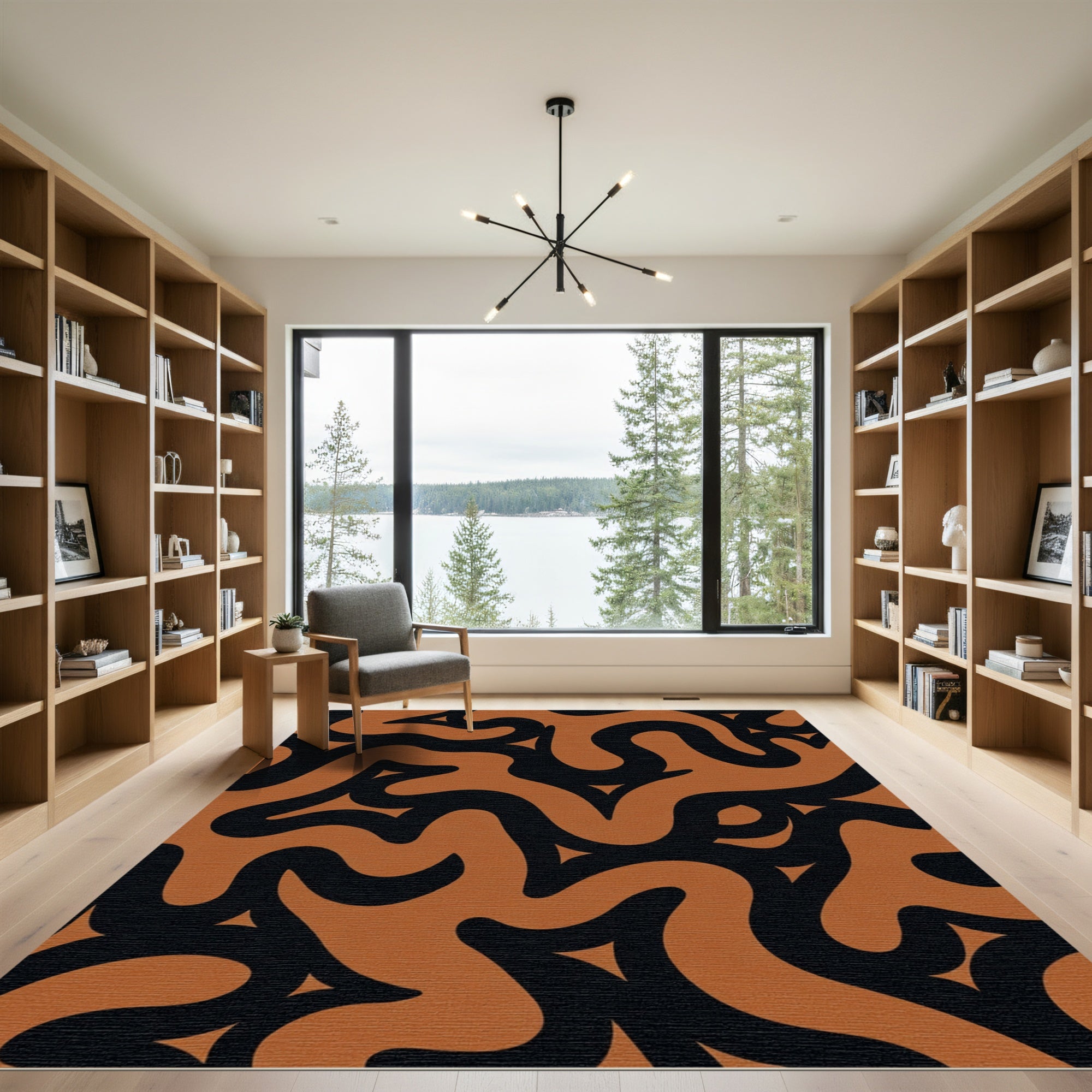 Terra Cotta Black Swirl Abstract Rug