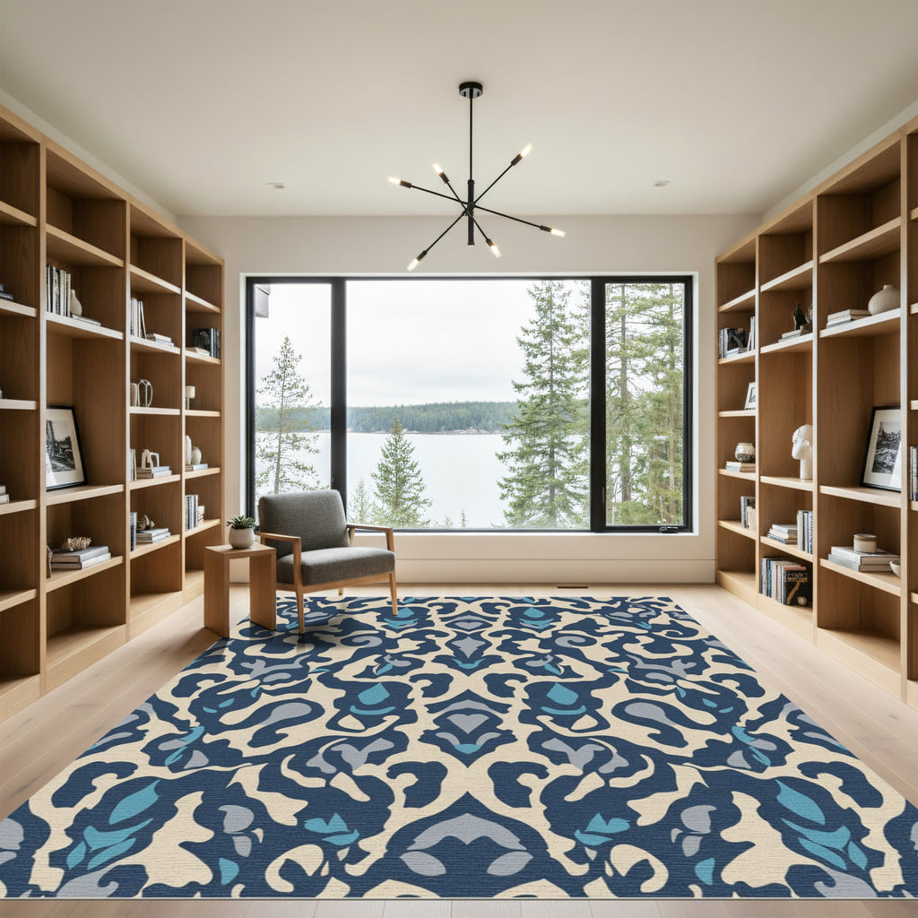 Navy Blue Cream Organic Floral Rug