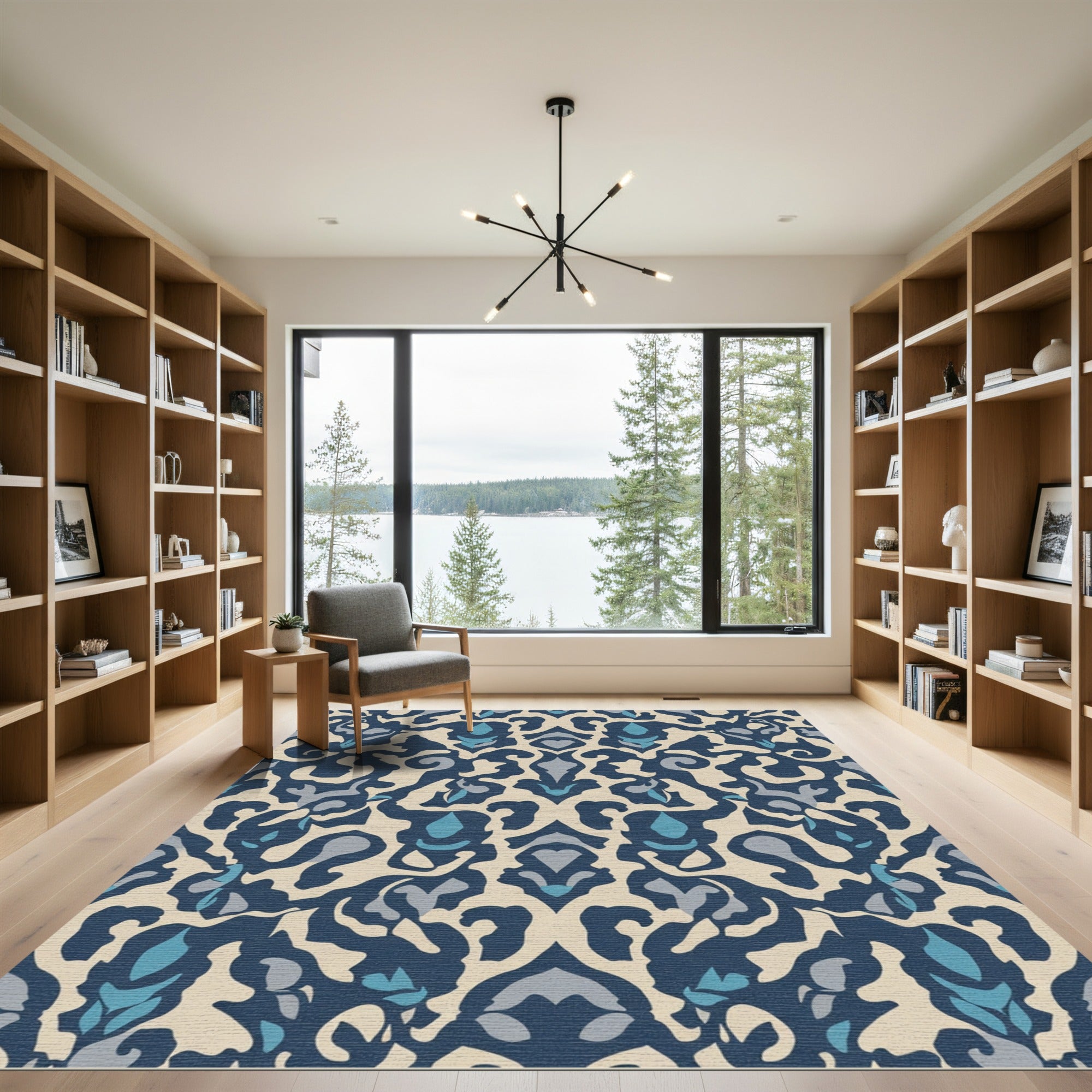 Navy Blue Cream Organic Floral Rug