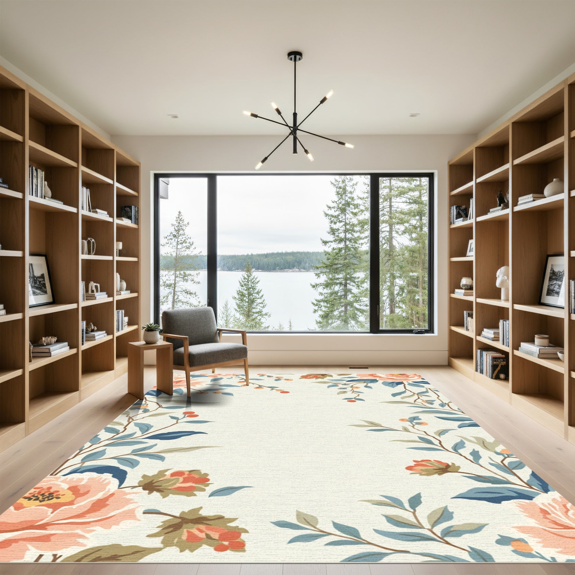 Coral Peach Floral Vines Rug