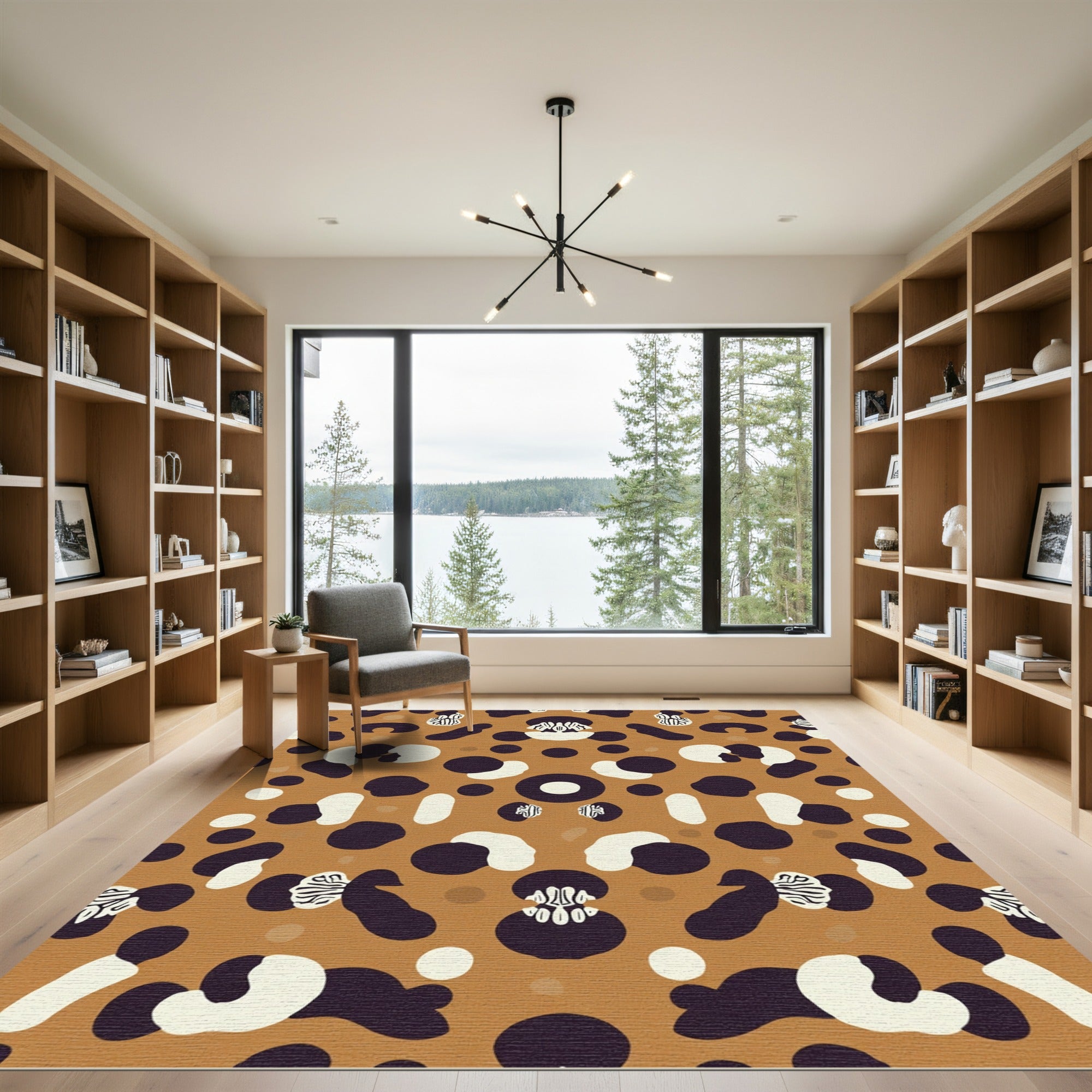Brown White Abstract Organic Shapes Rug