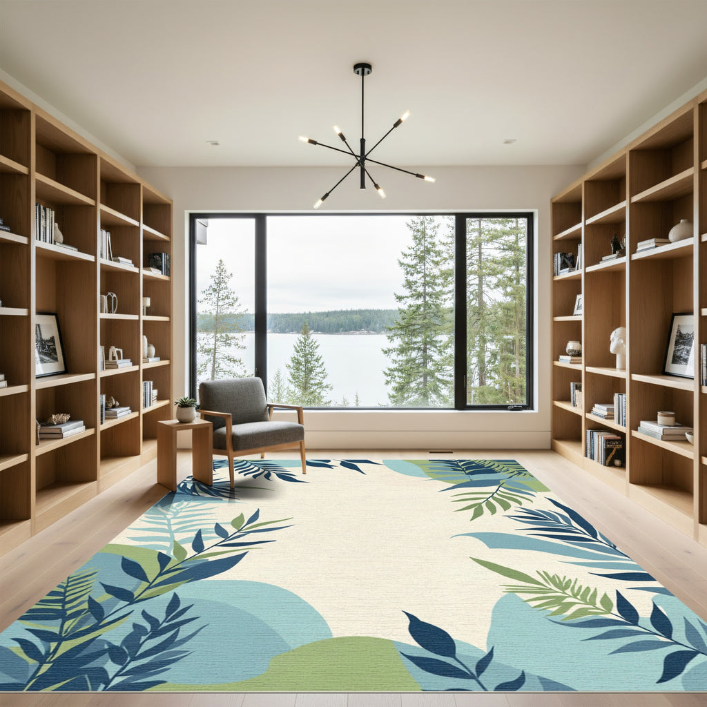 Coastal Blue Green Leafy Abstract Rug