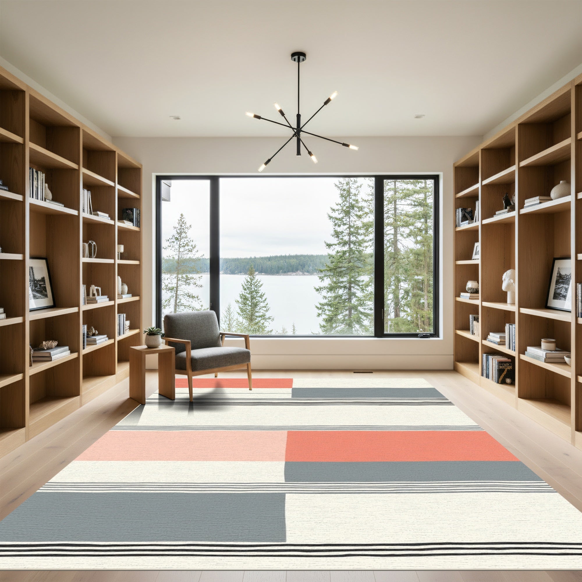 Coral Gray Blocks Striped Rug