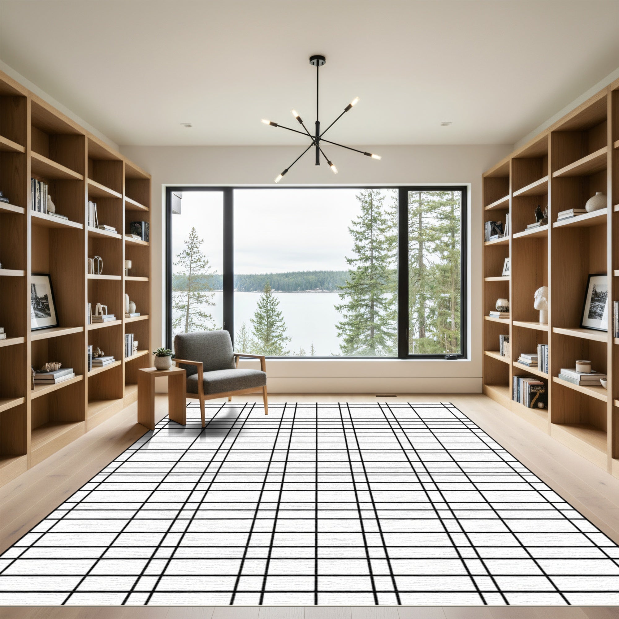 Classic Black White Grid Lines Rug