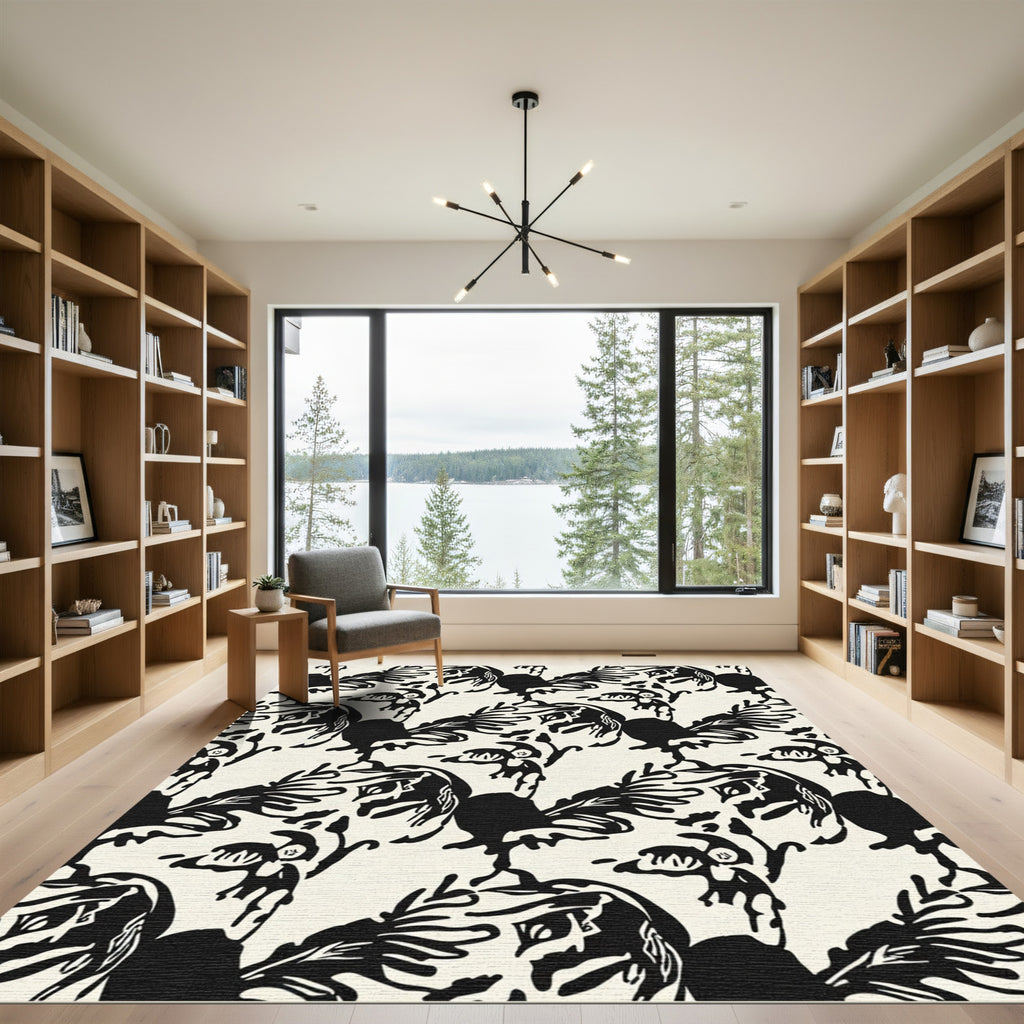 Bewildering Black Roosters Cream Pattern Rug