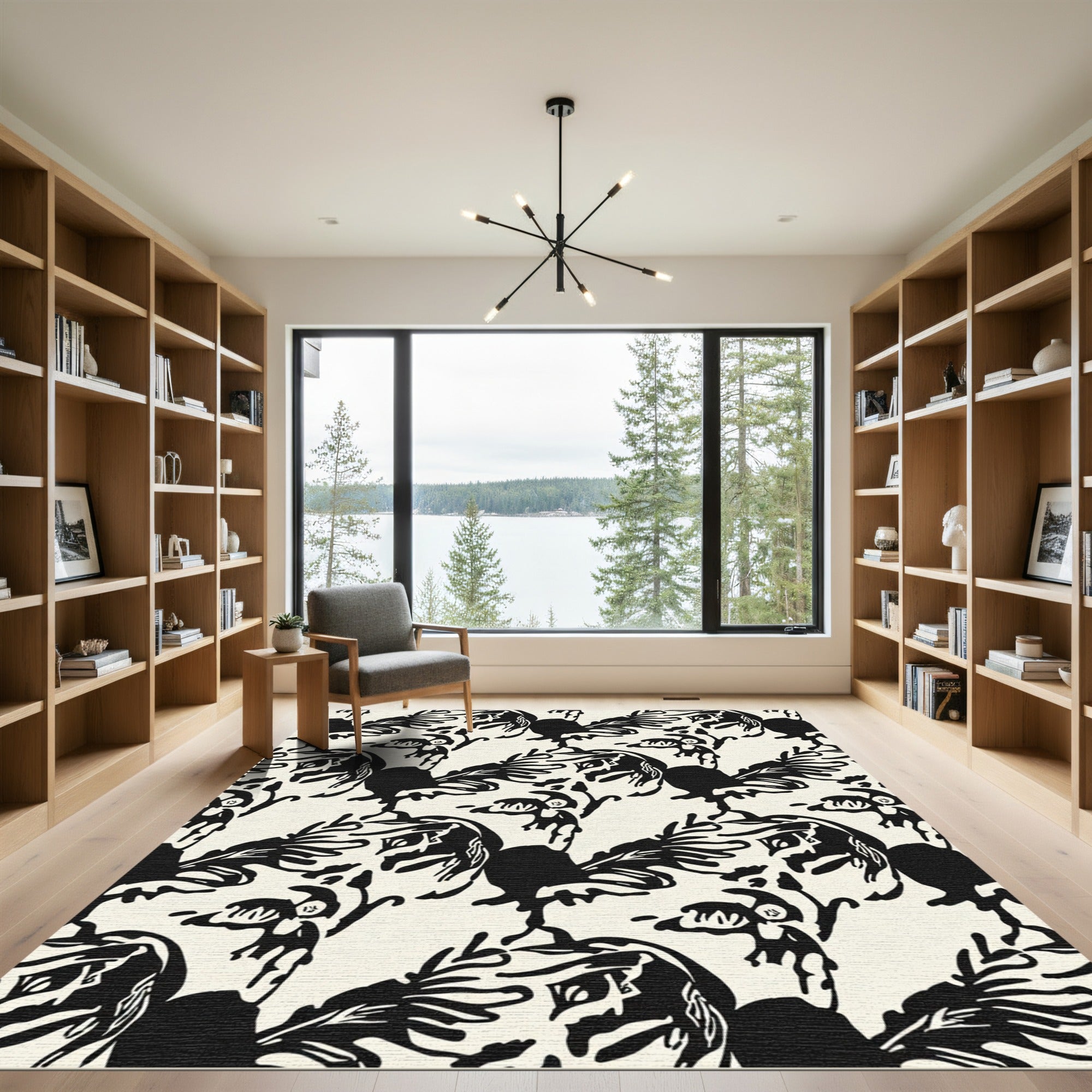 Bewildering Black Roosters Cream Pattern Rug
