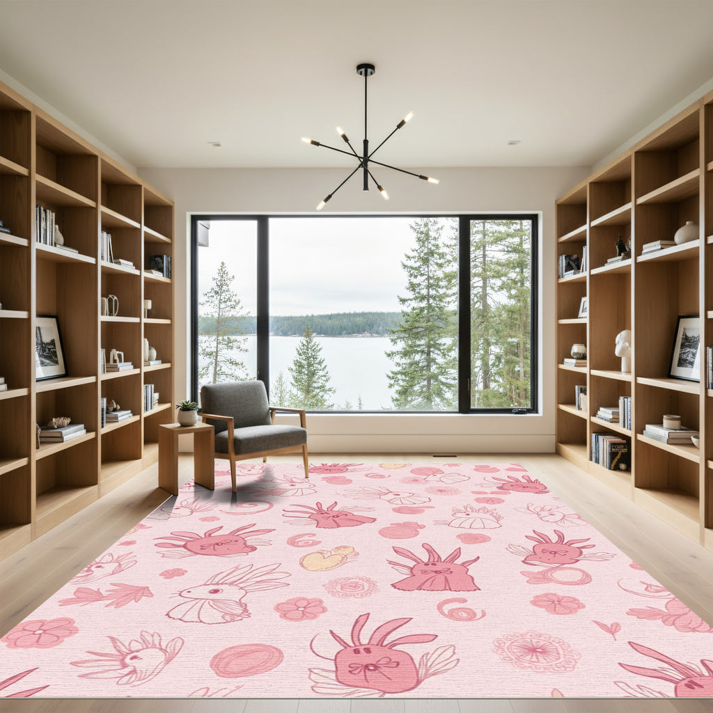Whimsical Pink Bunny Floral Illustration Rug