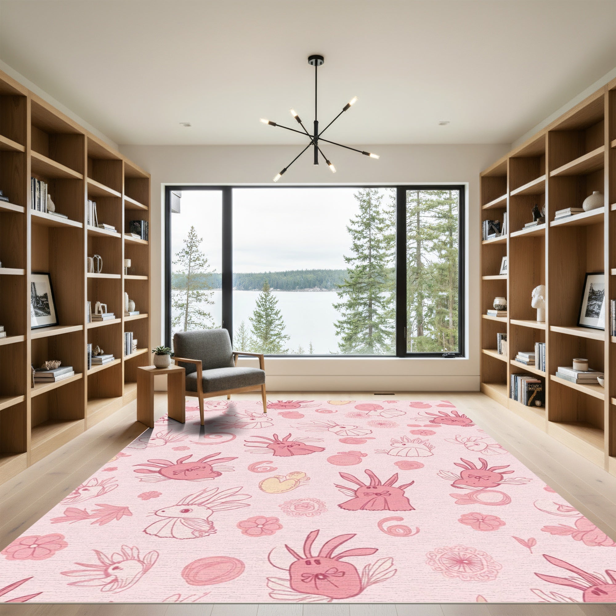 Whimsical Pink Bunny Floral Illustration Rug
