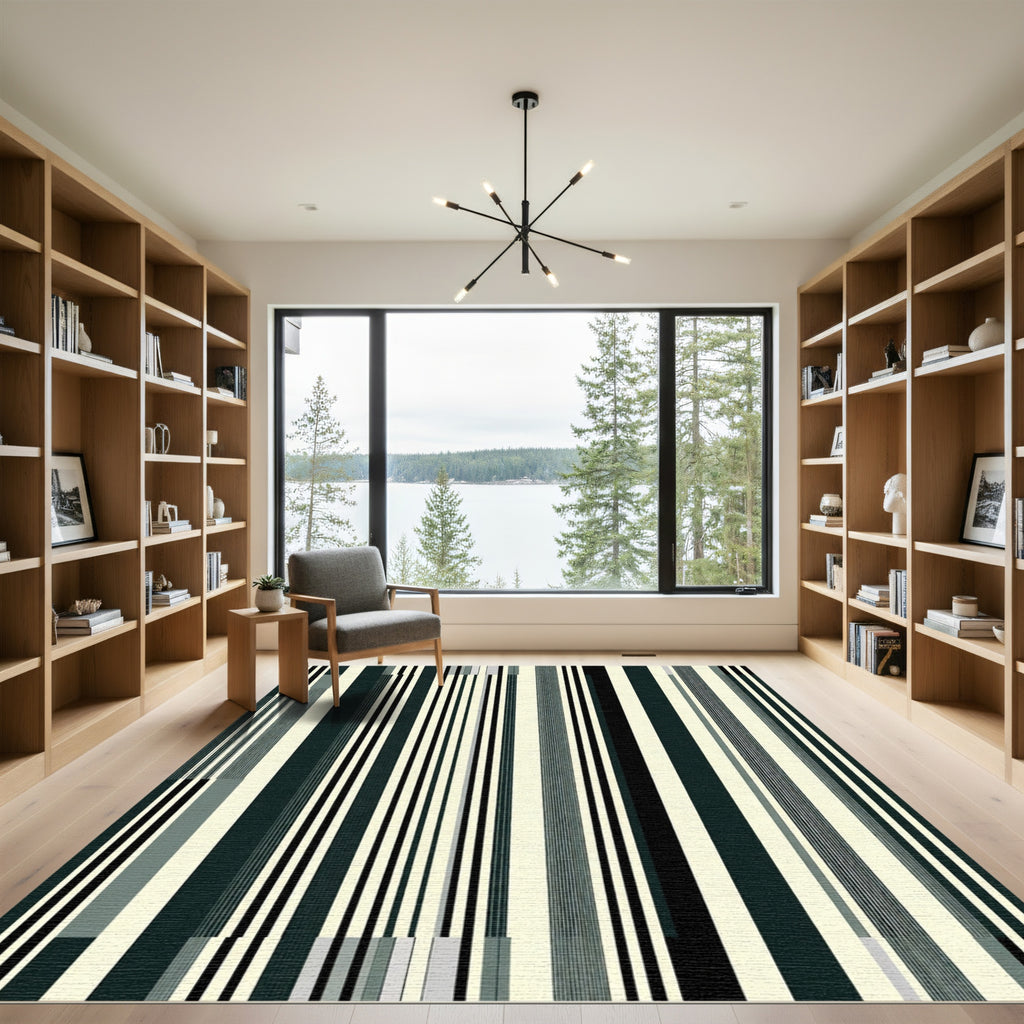 Modern Cream Black Vertical Stripe Rug