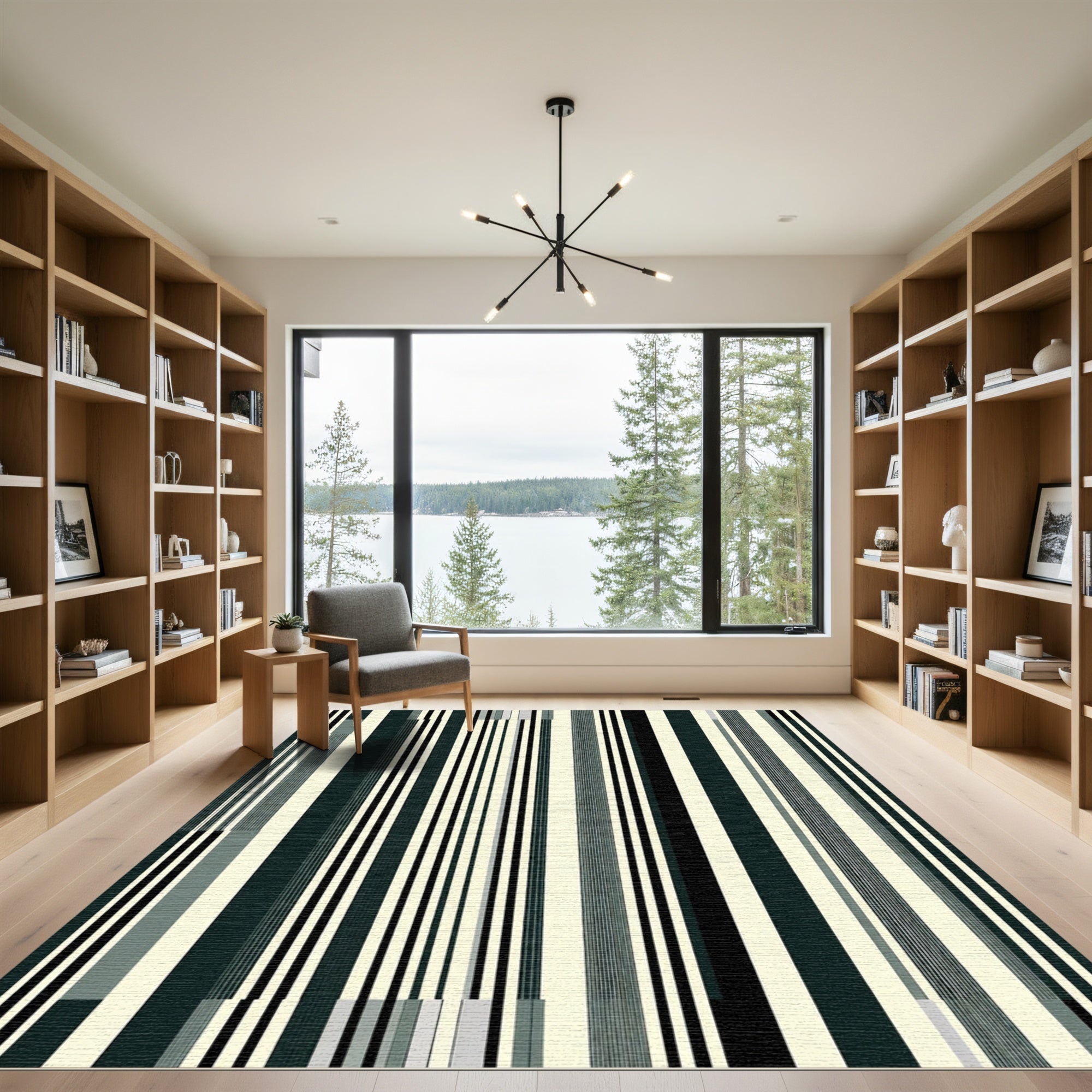 Modern Cream Black Vertical Stripe Rug