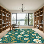 Teal White Daisy Vine Artwork Rug