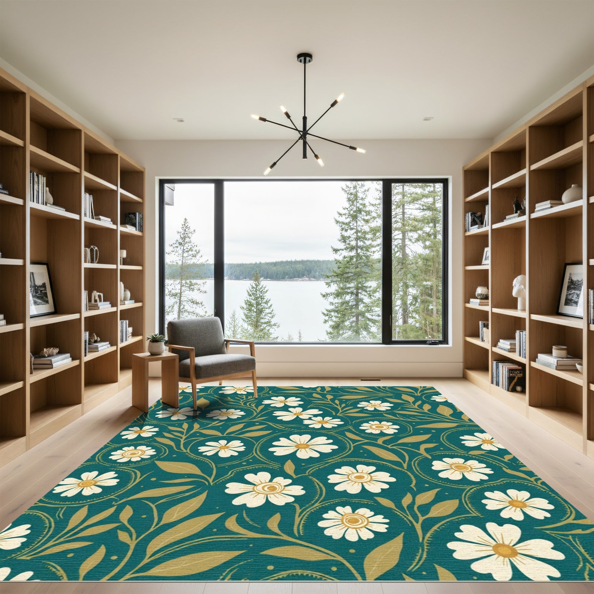 Teal White Daisy Vine Artwork Rug