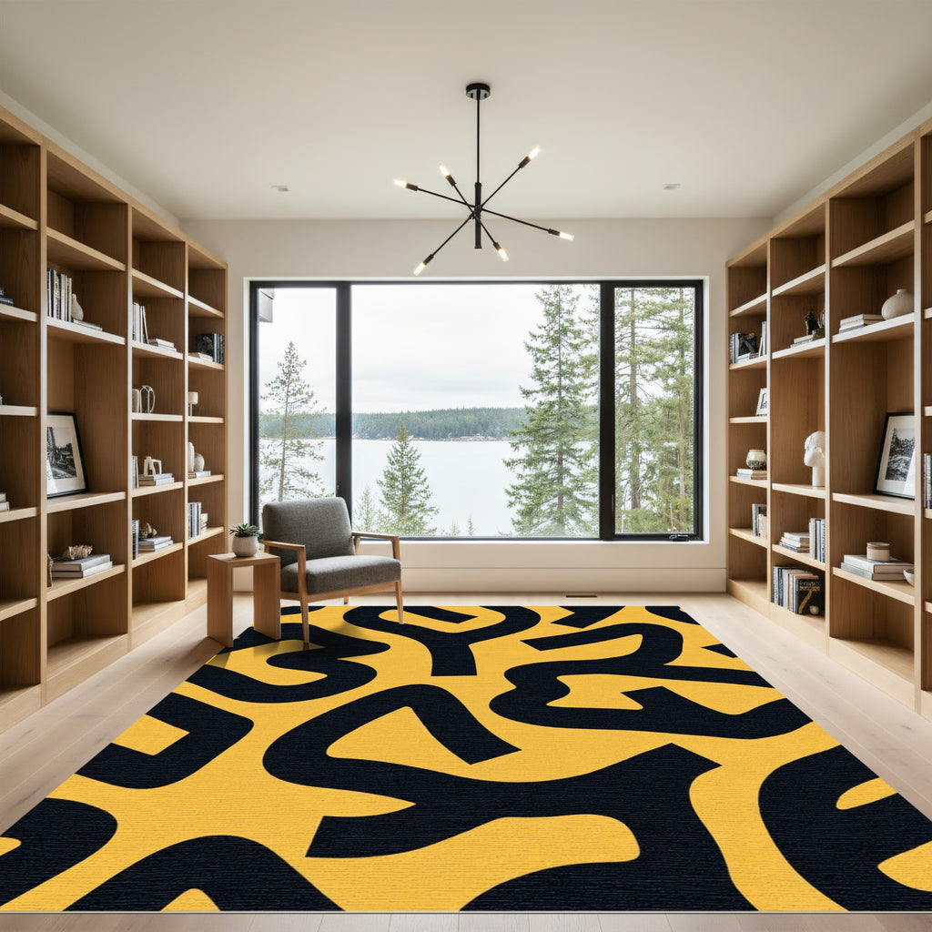 Bold Yellow Black Abstract Curves Rug