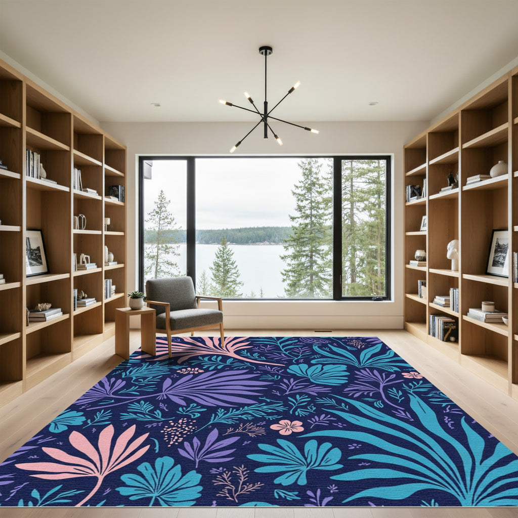Chic Navy Tropical Floral Fantasy Rug